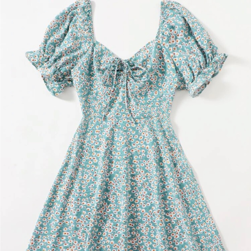 Blue Green Ditsy Floral Print Puff Sleeve Drawstring Self-Tie Ruched Bust Dress
